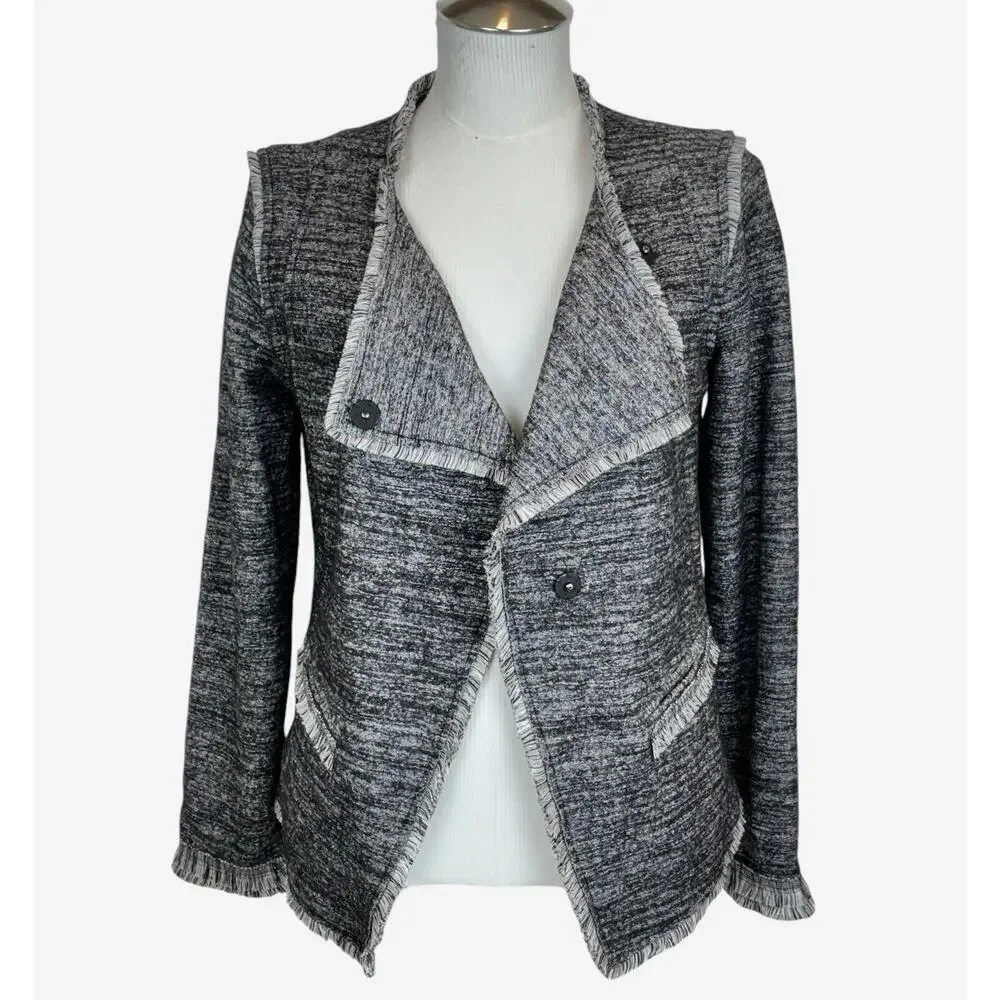 BANANA REPUBLIC Small Asymmetrical Black Gray Tweed Jacket Fringe Career Casual